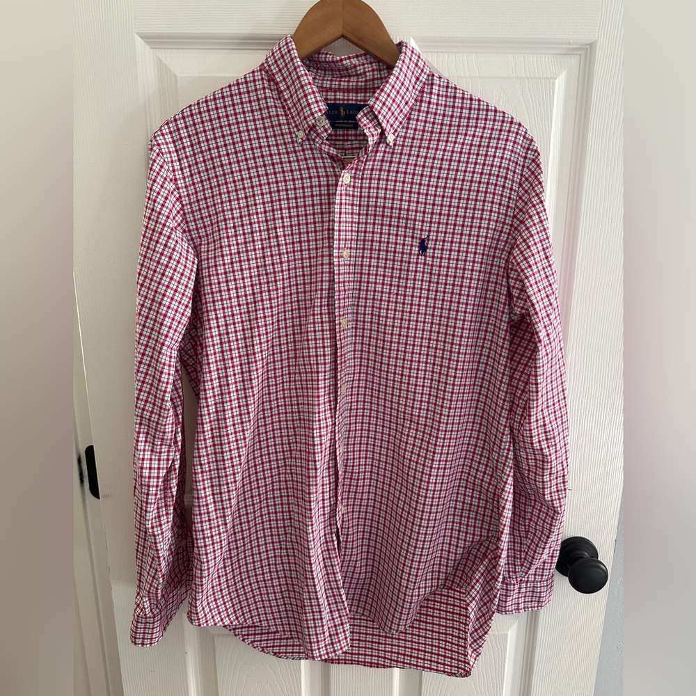 Ralph Lauren Men's Red and White Checkered Shirt medium